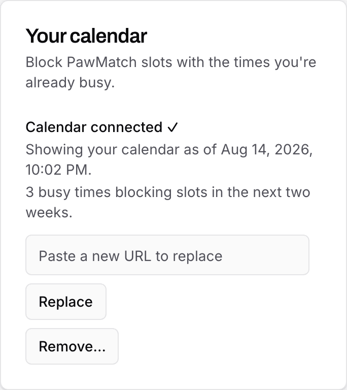 A trainer's calendar card showing calendar connected with busy times blocking slots