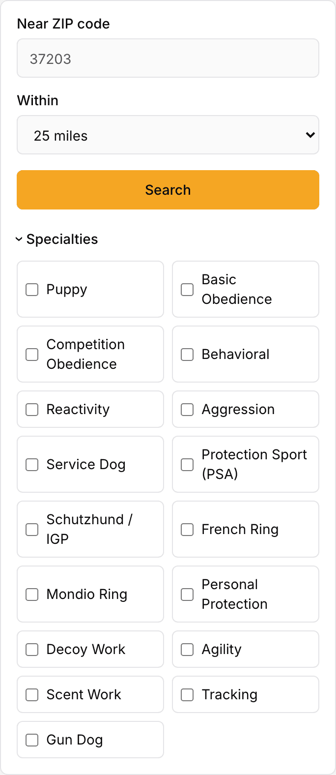 PawMatch search filters: ZIP code, radius, and specialty checkboxes from puppy to protection sport