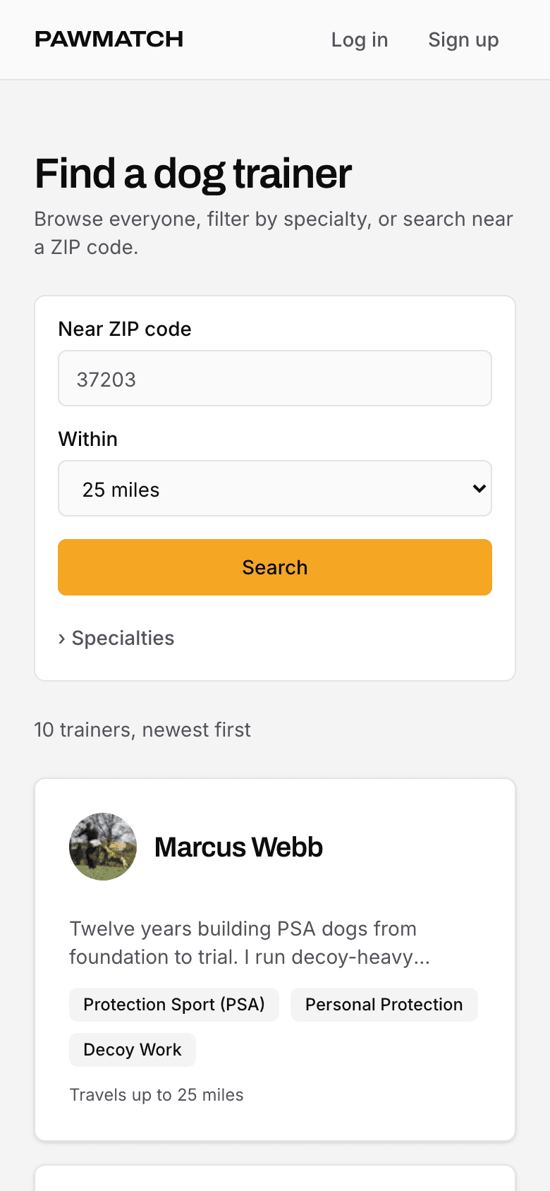 PawMatch trainer directory showing trainer cards with profile photos, specialties, and travel radius